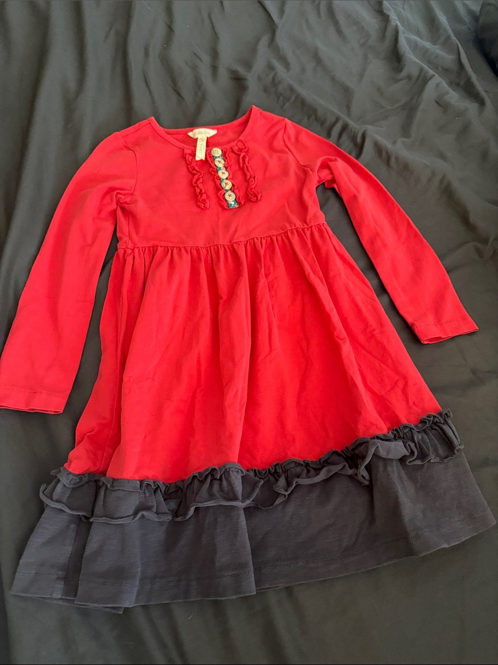 Matilda Jane Red and Gray Ruffle Hem Long Sleeve Dress